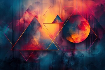 Geometric shapes: Vivid triangles, squares, and circles arranged in a layered abstract composition with flowing gradients and neon accents.