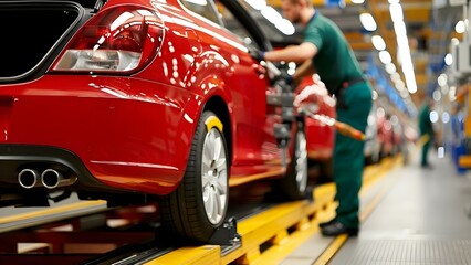 Employee at car factory assembling vehicles on production line . Concept Automotive Industry, Manufacturing Process, Assembly Line Techniques, Quality Control, Worker Safety