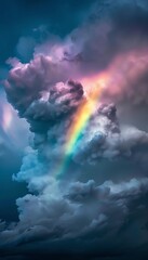 Dramatic sky scene capturing a storm with a rainbow arching across dark, ominous clouds, contrasting the storms grey with vibrant spectrum colors