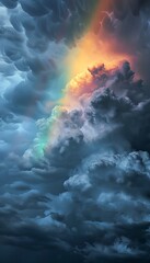 The dramatic sky scene captures a storm with a rainbow arching across dark, ominous clouds, contrasting the storm's grey with the vibrant spectrum of colors