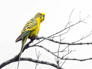 Naklejka premium Vibrant budgerigar perched on a branch with intricate feather patterns and striking blue facial markings.