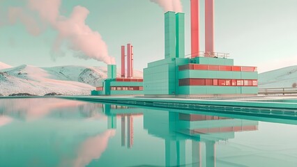 Geothermal energy plant with smokestacks producing water vapor for power generation . Concept Geothermal Energy, Power Generation, Sustainability, Renewable Resources, Geothermal Power Plants