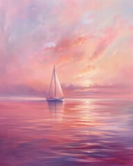 Lone sailboat on a tranquil sea under a pink sunset, with soft, pastel colors blending in the sky and water