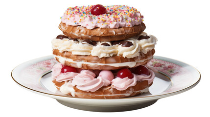 Three donuts stacked on a plate, creating a delicious and visually appealing tower