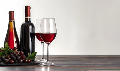 Two filled wine glasses and a wine bottle on a grant table against a white background, space for text