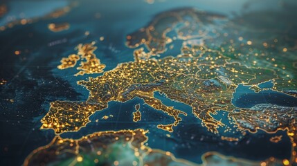 Close Up of Night Map of Europe. Generative AI