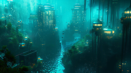  a futuristic underwater city. There are many tall buildings and structures, and the city is lit up by a blue light. There are also some fish and other sea creatures swimming around.