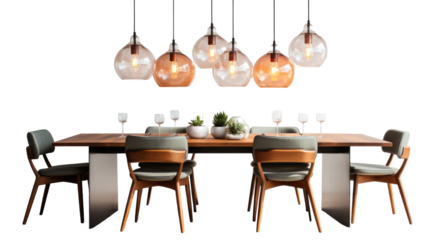 A cluster of lights illuminate a dining room table, creating a magical ambiance