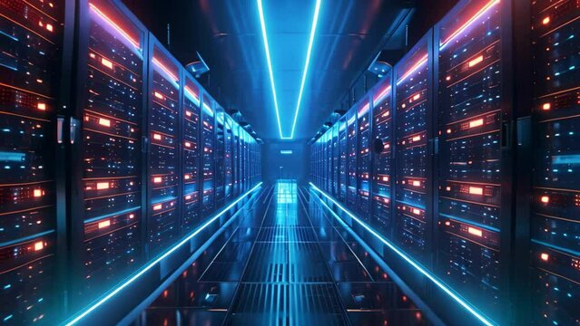 Photo of a vast, elongated space filled with multiple lines of server racks, A futuristic data center with glowing servers