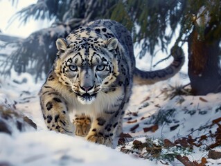 Obraz premium Snow leopard advancing in a snowy landscape, eyes fixed forward.