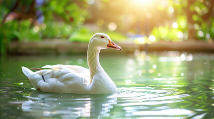 Obraz premium White goose swimming in the pond at a garden.