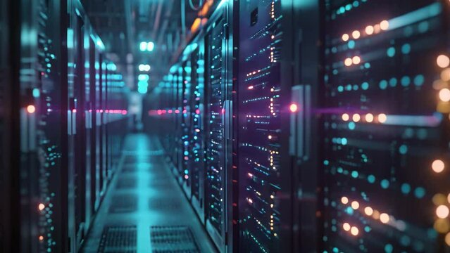 A photo capturing the rows of servers in a data center, illuminated in the darkness of the night, A futuristic data center with glowing servers