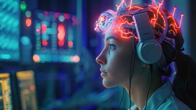 A woman wearing headphones focuses intently on her computer screen, A futuristic EEG machine reading brainwave patterns