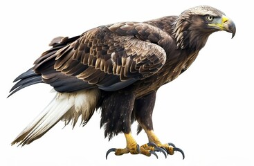 Regal golden eagle perched, showing off its sharp talons and intense gaze on a clear background. - Powered by Adobe
