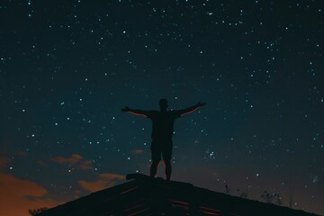 A silhouette of a person standing on a rooftop, their arms outstretched as they soak in the splendor of the starry night spread, Generative AI
