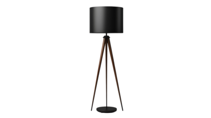 A floor lamp with a sleek black shade casting dramatic shadows in a dark room