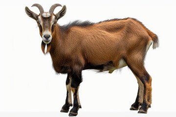 Profile view of a robust brown goat with striking beard and horns, against a clean white background.