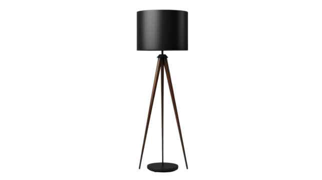 A floor lamp with a sleek black shade casting dramatic shadows in a dark room