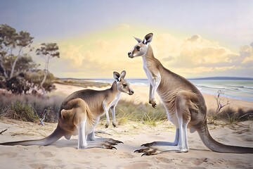 Naklejka premium Kangaroos on a sandy beach