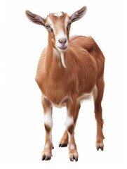 Full body side view of a brown goat standing with a gentle expression, isolated on a white background.