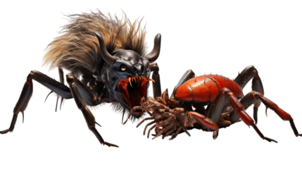 A large spider with long legs and claws scuttles across a moss-covered log