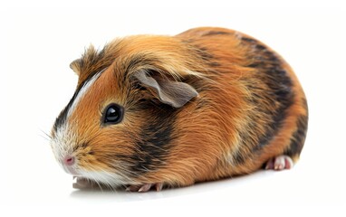 Fototapeta premium Close-up of a multi-colored guinea pig looking forward with curiosity, isolated on a white background.