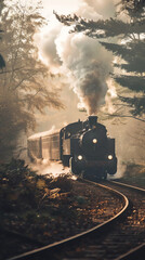 Naklejka premium Vintage train traveling through a misty forest, steam rising, early morning light filtering through trees