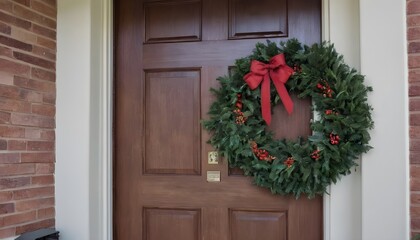 Fototapeta na wymiar A Wooden Door With A Wreath On It In A Suburban Neighborhood (2)