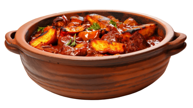 A brown bowl filled with delicious food resting on a white background