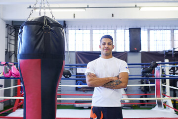 Gym, portrait of boxer or man with pride for training, exercising and workout for competition....