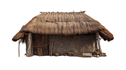 A small hut with a rustic thatched roof nestled in a tranquil landscape