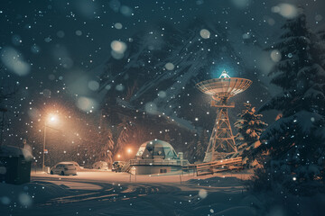 photo of the serene beauty of a starlit night, an observatory and a satellite dish shine amidst a snowstorm, their surroundings imbued with an otherworldly charm by the surreal lig