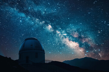 Obraz premium photo against the breathtaking backdrop of the Milky Way, an observatory rises, its domes gleaming under the celestial canopy, inviting exploration of the cosmos,