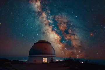 Obraz premium in the gentle glow of the Milky Way, an observatory stands as a beacon of discovery, offering a gateway to the wonders of the universe beneath the vast night sky,