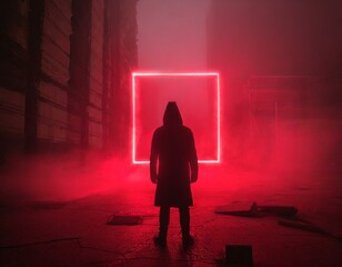 A mysterious hooded figure seen from behind in front of a thin glowing square made of red