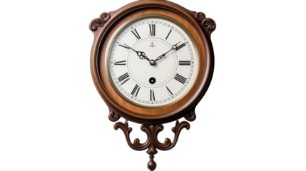 A wooden clock with intricate Roman numerals on a stark white backdrop
