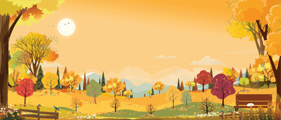 Autumn landscape with forest tree background,Cartoon Scene Fall Season Mountain,Meadow,Orange Foliage,Cloud,Yellow Sunset Sky,Vector nature morning sunrise grass field,maple tree,farm land in country
