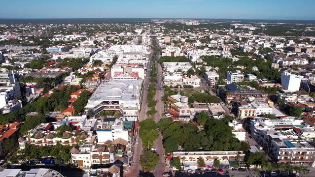 Aerial View of Playa Del Carmen, Mexico. Cityscape. Buildings and Streets on Hot Sunny Day