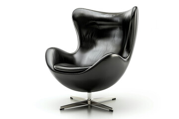 A sleek black leather egg chair with a polished chrome base, isolated on solid white background.