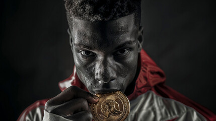 Determined male athlete with a gold medal, a powerful symbol of victory and perseverance.