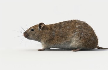 A brown mouse in sharp focus against a white background, showcasing its natural coloring and curious stance.