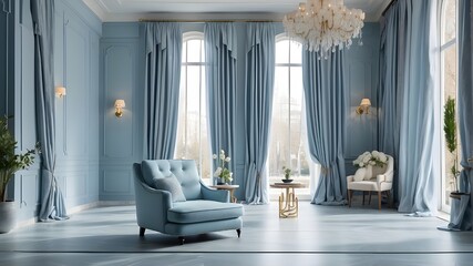 model of a living space featuring an armchair in a light blue color. Wall of blue-gray with sunbeams. exquisite marble flooring. bluish drapes