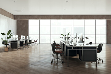 New coworking office interior with daylight. 3D Rendering.