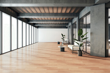 Modern wooden, concrete and glass meeting room interior and office corridor with furniture and daylight, window and city view. 3D Rendering.