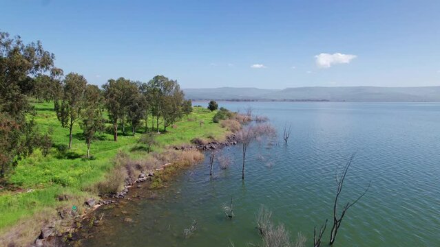 Drone shot of Amnon beach on the Sea of Galilee