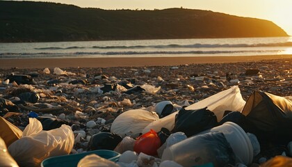 beach covered in trash, including plastic cups and bottles. The sun is setting in the background, creating a moody atmosphere.