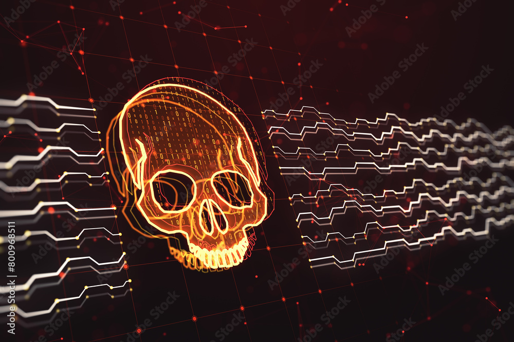 Aufkleber Creative skull and circuit hologram on blurry red backdrop. Malware and ransomware concept. 3D Rendering.