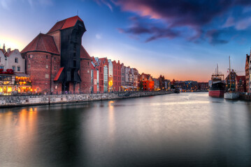 Gdansk view of the historic part of the city at dusk, Poland.