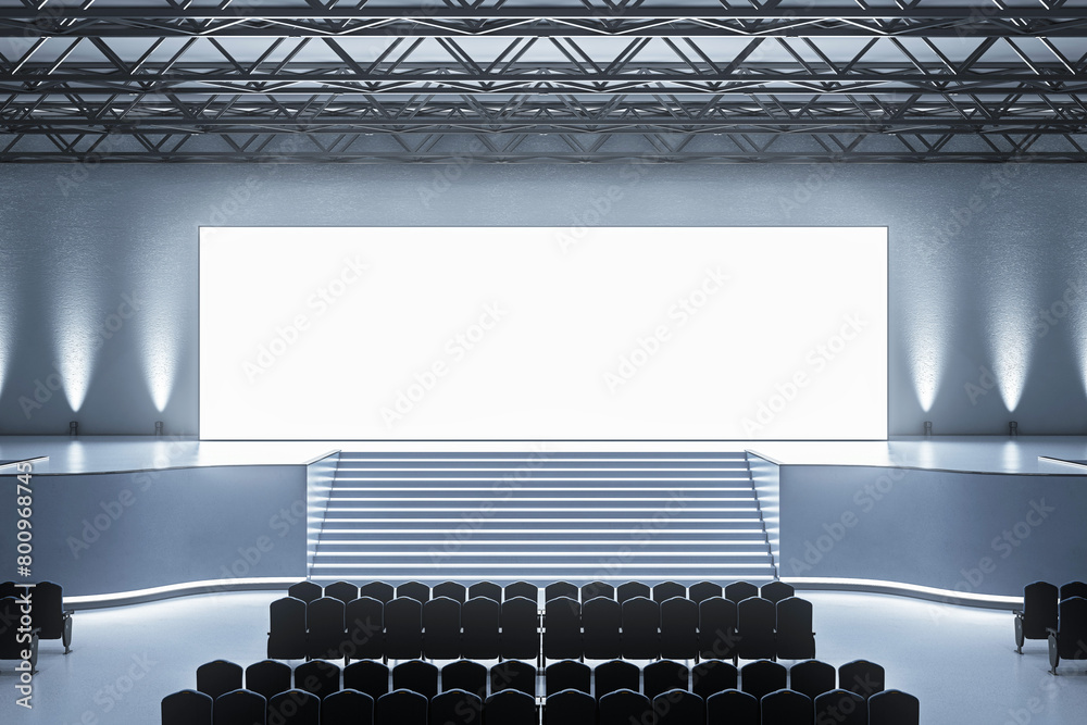 Poster large stage with a white screen for high impact presentations, modern event hall. 3d rendering