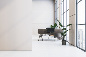 Modern wooden and concrete coworking office interior with blank mock up place on wall and panoramic window and city view. 3D Rendering.